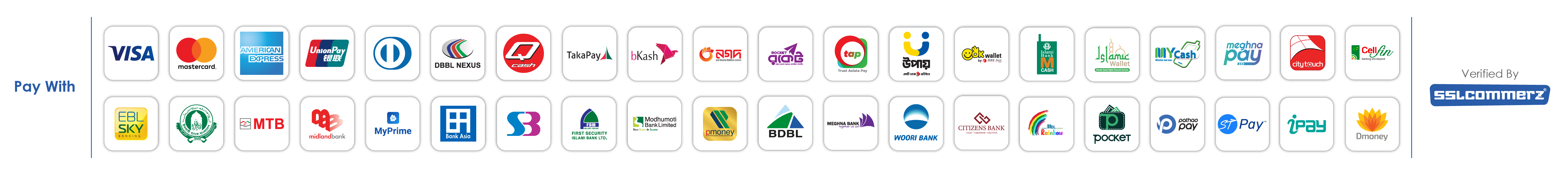 SSLCommerz-এর পেমেন্ট মাধ্যম: Visa, Mastercard, American Express, বিকাশ, নগদ, রকেটসহ বিভিন্ন ব্যাংক ও মোবাইল ওয়ালেট